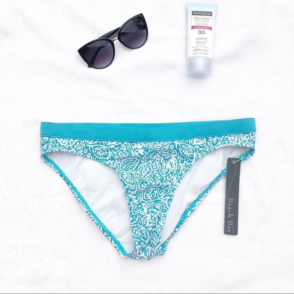 Beach Bay Swim teal & White bikini bottom NWT 10
